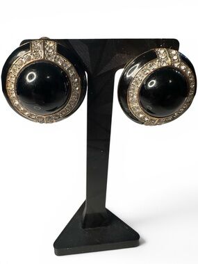 Vintage Les Bernard Black Enamel & Rhinestone Clip-On Earrings